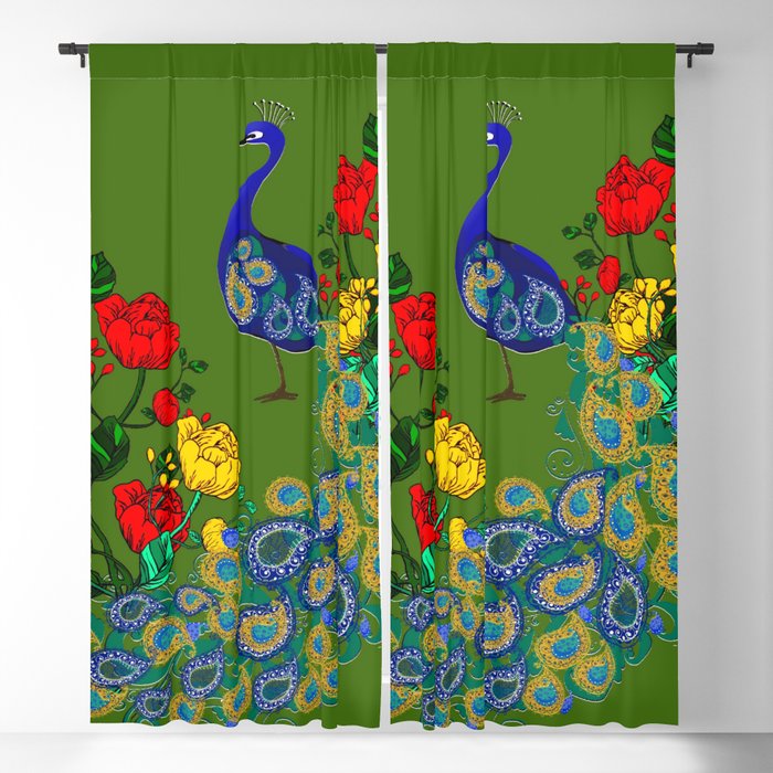Peacock,yellow and red flowers,green background  Blackout Curtain