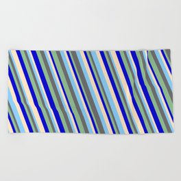 [ Thumbnail: Light Sky Blue, Dim Gray, Dark Sea Green, Blue & Bisque Colored Lined/Striped Pattern Beach Towel ]