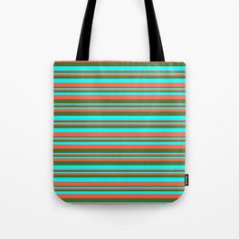 [ Thumbnail: Red, Dark Olive Green & Aqua Colored Lined Pattern Tote Bag ]