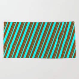 [ Thumbnail: Aqua and Brown Colored Lined/Striped Pattern Beach Towel ]