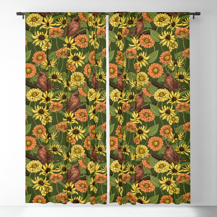 Wrens and flowers on green Blackout Curtain