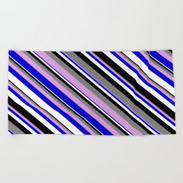 [ Thumbnail: Colorful Grey, Plum, Blue, White, and Black Colored Lined Pattern Beach Towel ]
