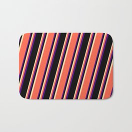 [ Thumbnail: Tan, Red, Indigo, and Black Colored Striped/Lined Pattern Bath Mat ]