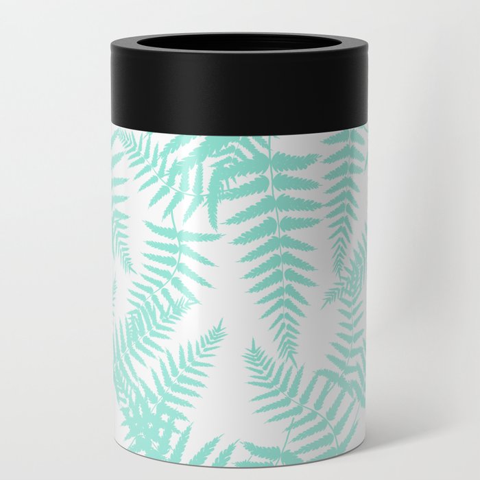 Mint Blue Silhouette Fern Leaves Pattern Can Cooler