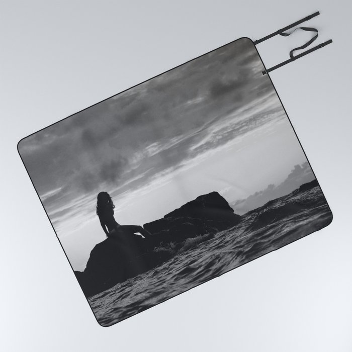 Down at sunset beach; female seaside staring longingly out to sea black and white photograph - photography - photographs Picnic Blanket