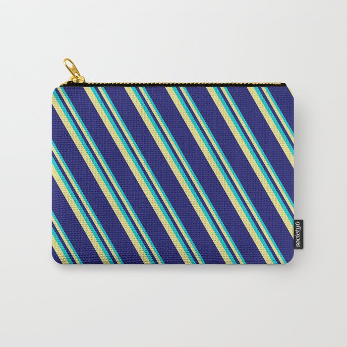 Dark Turquoise, Tan, and Midnight Blue Colored Lines/Stripes Pattern Carry-All Pouch