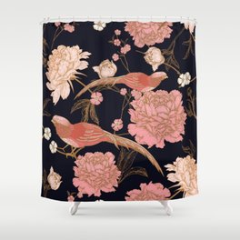 Two Pretty Birds | Chinese Oriental Design | Pink Floral Wildlife |  Shower Curtain