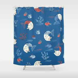 Cute little cat mermaid seamless pattern. Textured illustration. Scandinavian style. Mermaids kittens, corals and fishes. Pastel colors Shower Curtain