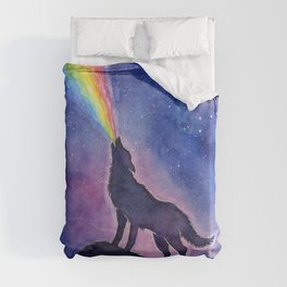 Galaxy Wolf Howling Rainbow Duvet Cover