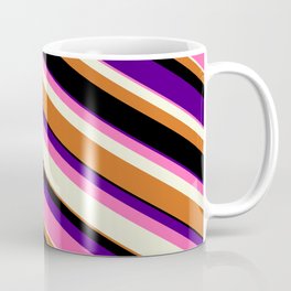 [ Thumbnail: Colorful Indigo, Hot Pink, Beige, Chocolate & Black Colored Lined Pattern Coffee Mug ]