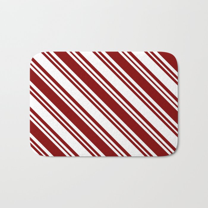 White & Maroon Colored Lined/Striped Pattern Bath Mat