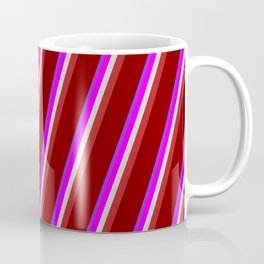 [ Thumbnail: Eye-catching Purple, Fuchsia, Light Grey, Red, and Maroon Colored Striped/Lined Pattern Coffee Mug ]