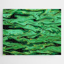 Emerald green and black fluid art, bright green marble texture Jigsaw Puzzle