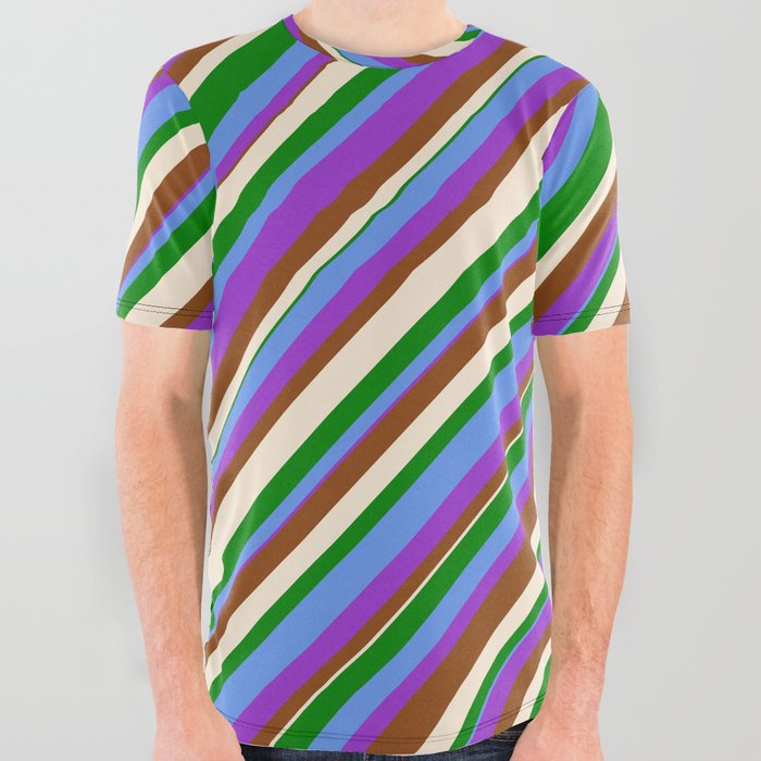 Colorful Cornflower Blue, Dark Orchid, Brown, Beige & Green Colored Lined/Striped Pattern All Over Graphic Tee