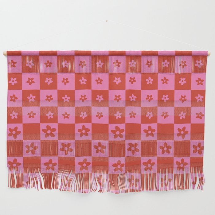 Abstract Floral Checker Pattern 15 in Pink Red Wall Hanging