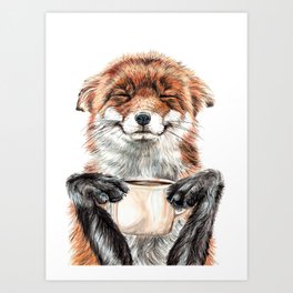 " Morning fox " Red fox with her morning coffee Art Print