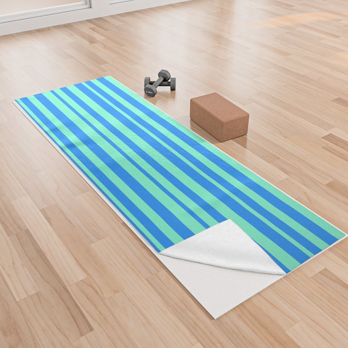 Aquamarine and Blue Colored Pattern of Stripes Yoga Towel