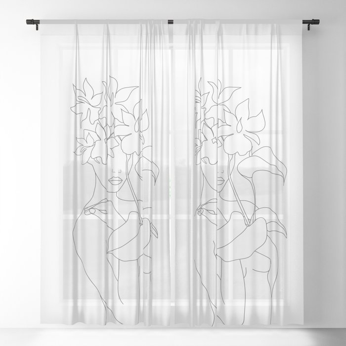 Minimal Line Art Woman with Flowers V Sheer Curtain