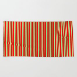 [ Thumbnail: Light Green & Red Colored Striped Pattern Beach Towel ]