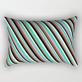 [ Thumbnail: Colorful Green, Violet, Brown, Black & White Colored Stripes Pattern Rectangular Pillow ]