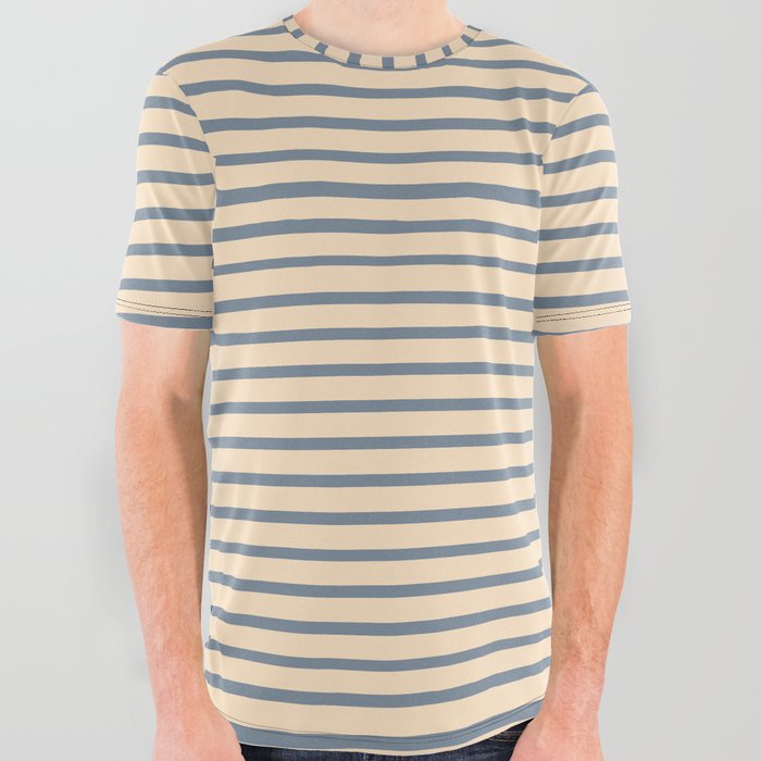 Light Slate Gray and Bisque Colored Lined Pattern All Over Graphic Tee