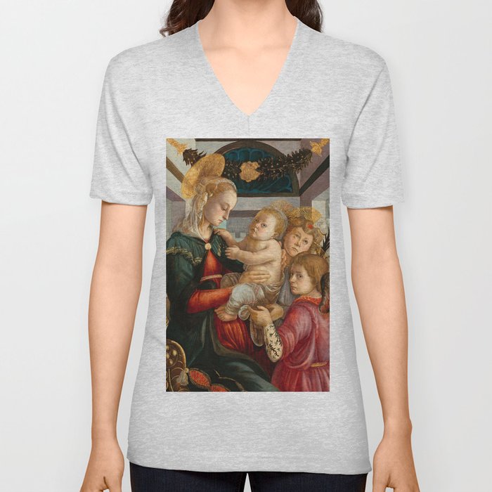 Madonna and Child with Angels, 1465-1470 by Sandro Botticelli V Neck T Shirt