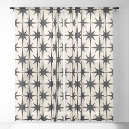 Midcentury Modern Atomic Age Starburst Pattern in Black and Almond Cream Sheer Curtain