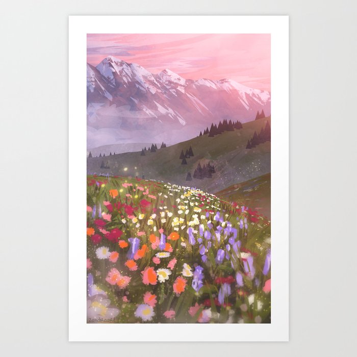 Flower Field Art Print / Wild Flower Art Print / Mountain