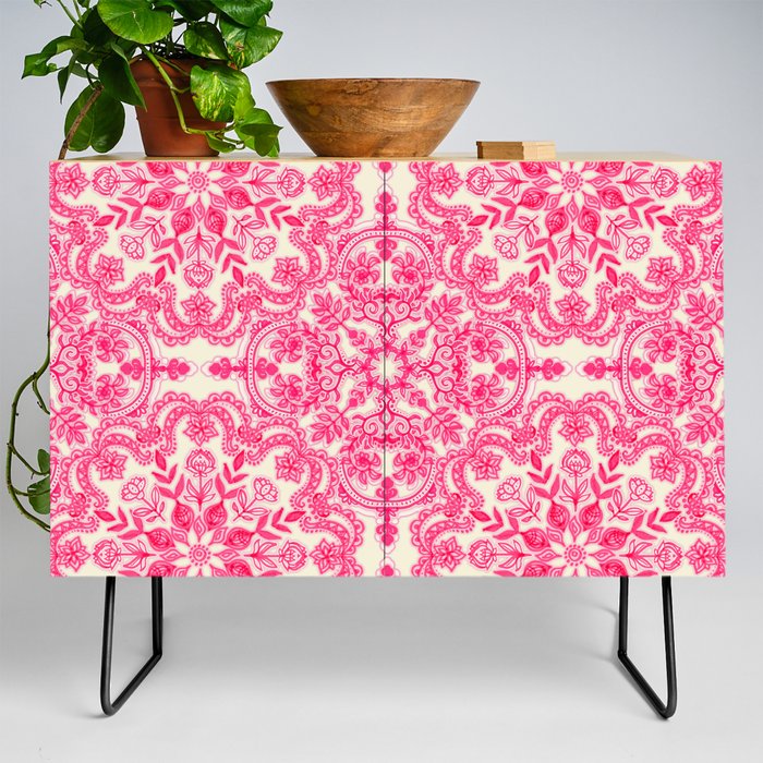 Hot Pink & Soft Cream Folk Art Pattern Credenza