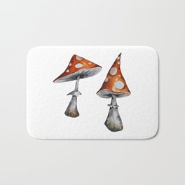 Amanita mushrooms. Watercolor drawing of mushrooms on a white background. Bath Mat