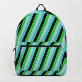[ Thumbnail: Turquoise, Black, Lime Green, and Light Blue Colored Lines/Stripes Pattern Backpack ]