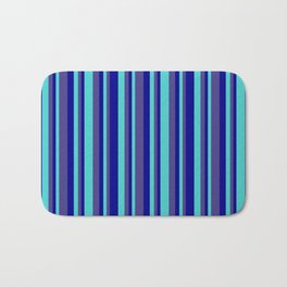 [ Thumbnail: Dark Blue, Dark Slate Blue & Turquoise Colored Pattern of Stripes Bath Mat ]
