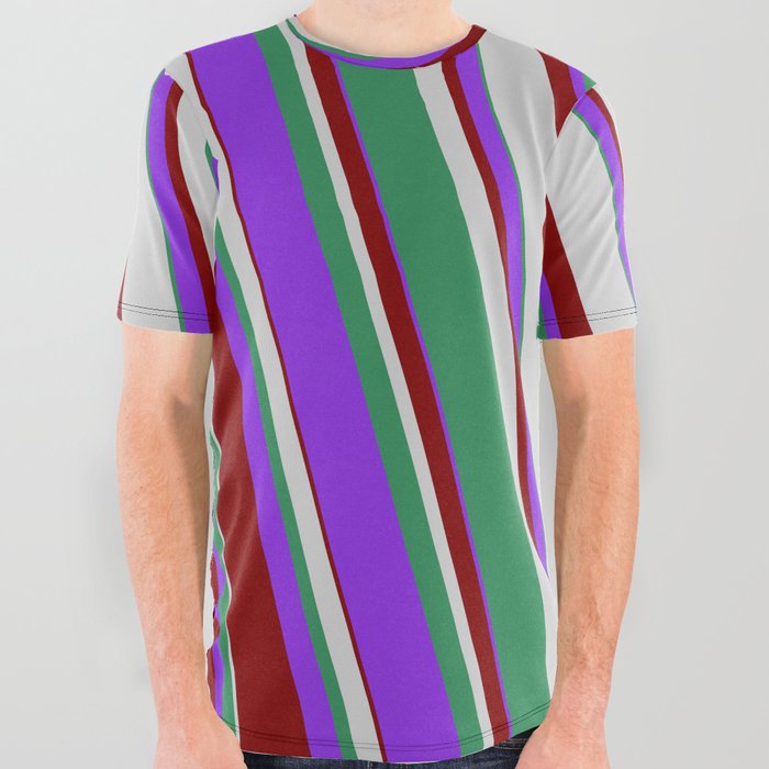 Purple, Maroon, Light Gray, and Sea Green Colored Stripes Pattern All Over Graphic Tee