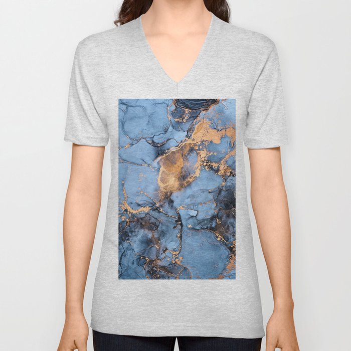 Dusty Blue + Goldenrod Abstract Marble Haze V Neck T Shirt
