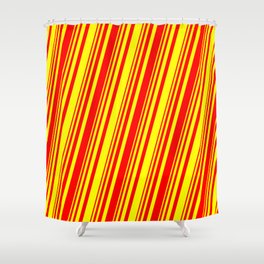 [ Thumbnail: Red and Yellow Colored Lined/Striped Pattern Shower Curtain ]