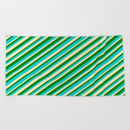 [ Thumbnail: Dark Turquoise, Beige, and Green Colored Striped/Lined Pattern Beach Towel ]
