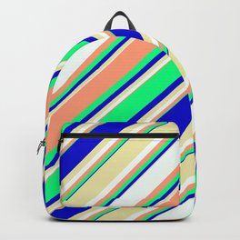 [ Thumbnail: Eyecatching Light Salmon, Green, Blue, Pale Goldenrod, and Mint Cream Colored Lines Pattern Backpack ]