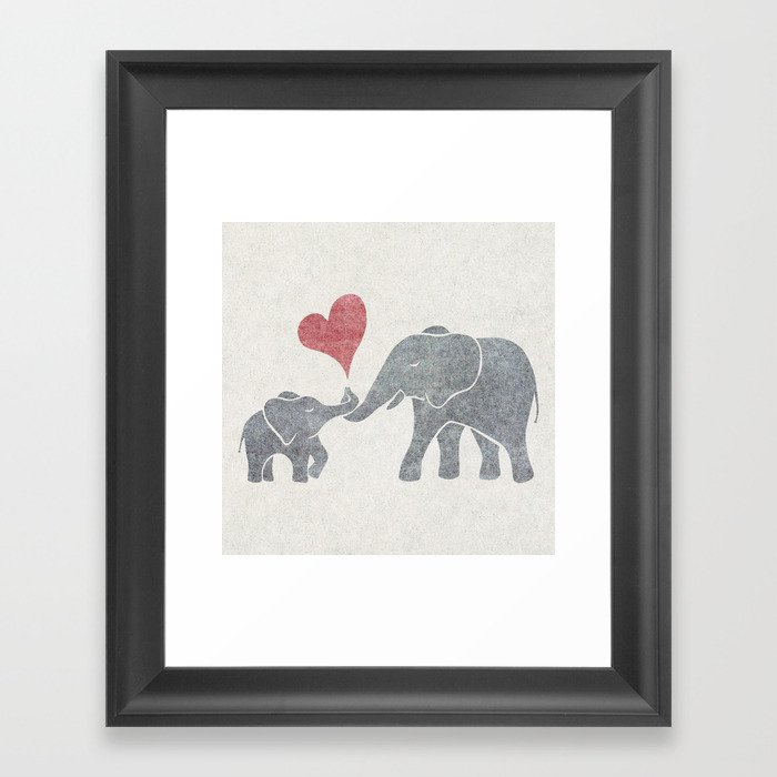 Elephant Hugs with Heart in Muted Gray and Red Framed Art Print