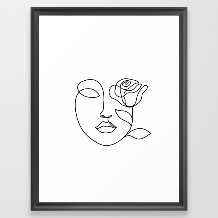 Beauty woman face with rose. Abstract minimal fine art. One line drawing. Framed Art Print