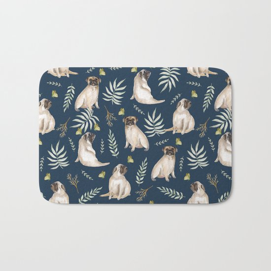 Pugs and butterflies. Blue pattern Bath Mat