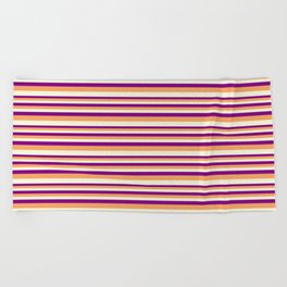 [ Thumbnail: Purple, Brown & Beige Colored Striped/Lined Pattern Beach Towel ]