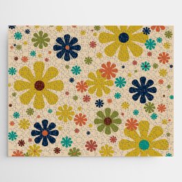 Flowerama Retro Floral Pattern in Mid Mod Mustard, Orange, Teal, Olive, and Beige Jigsaw Puzzle