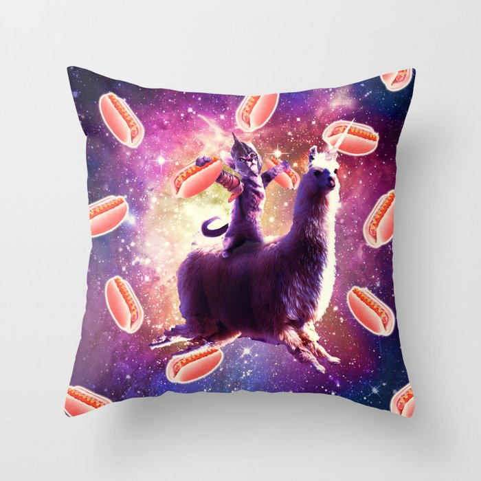 Warrior Space Cat On Llama Unicorn - Hot Dog Throw Pillow