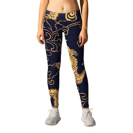 Chinese traditional golden dragon and peony hand drawn illustration pattern Leggings