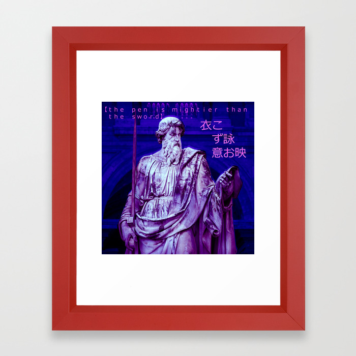 Vaporwave Quote Statue The Pen Is Mightier Than The Sword Framed Art Print By Lievgoe Society6