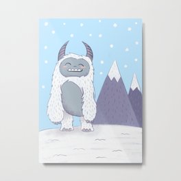 Yeti in the Mountains - Blue Metal Print | Kawaii, Happy, Friendly, Cuddly, Christmas, Purple, Adorable, Abominable, Winter, Drawing 