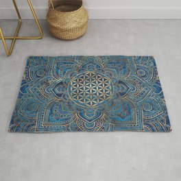 Flower of Life in Lotus Mandala - Blue Marble and Gold Area & Throw Rug
