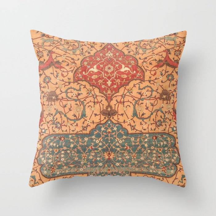 Flowery Vines IV // 16th Century Contemporary Red Blue Yellow Colorful Ornate Accent Rug Pattern Throw Pillow