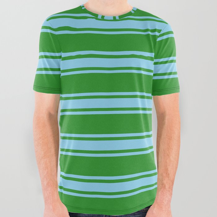 Forest Green and Sky Blue Colored Lined/Striped Pattern All Over Graphic Tee