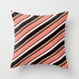 [ Thumbnail: Salmon, Brown, Black & Light Cyan Colored Pattern of Stripes Throw Pillow ]